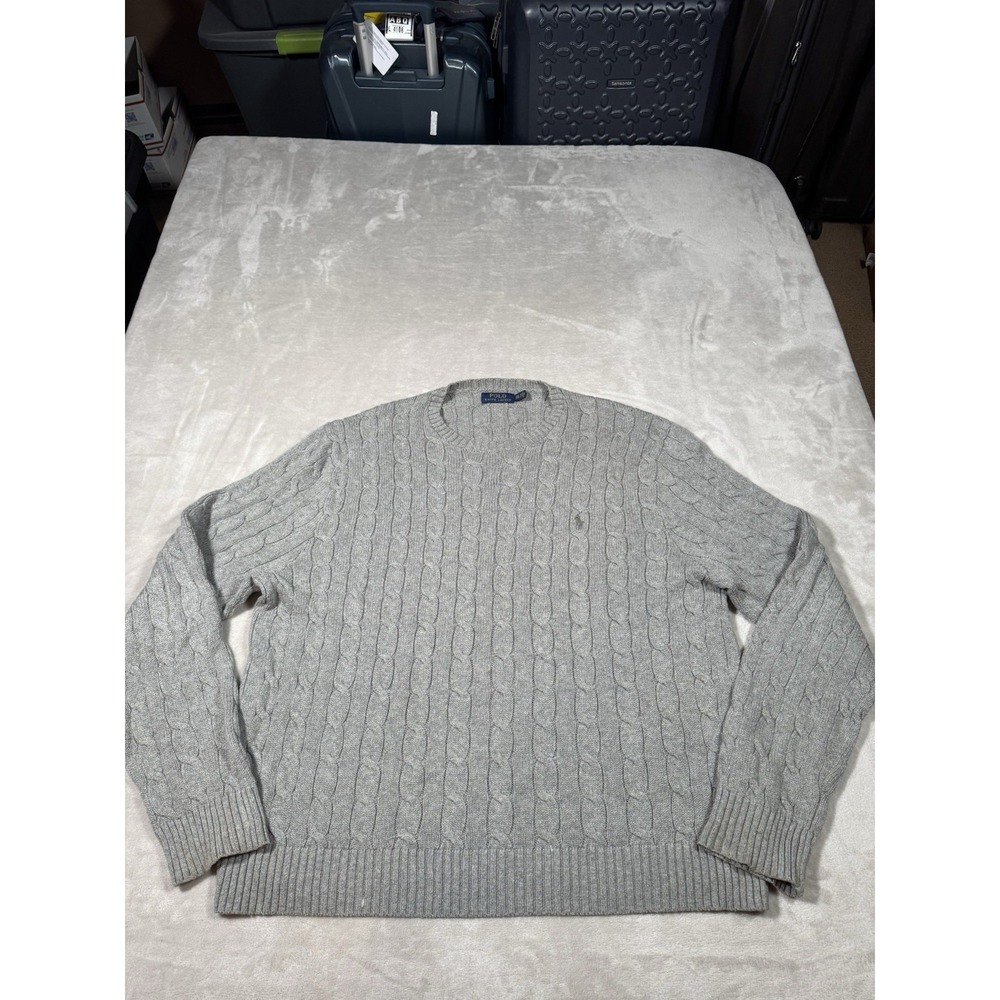 Polo Ralph Lauren Cable Knit Sweater Size XXL Gray on Gray Pony Cotton Preppy